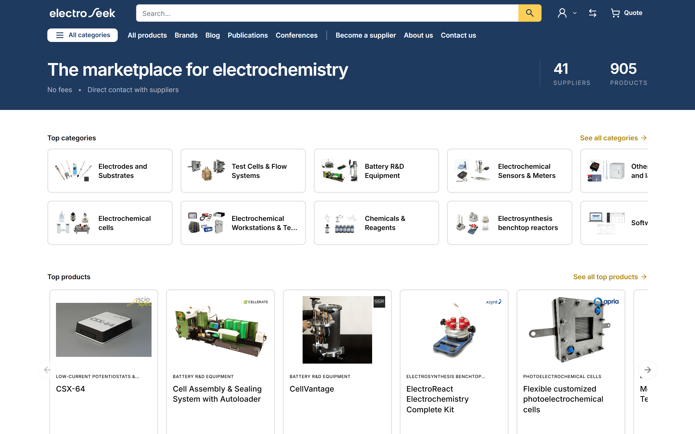 Screenshot of the ElectroSeek home page: a marketplace for electrochemistry with categories and top products